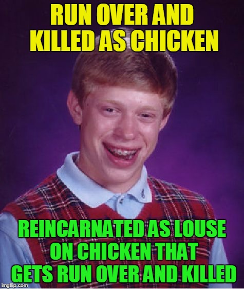 Bad Luck Brian Meme | RUN OVER AND KILLED AS CHICKEN REINCARNATED AS LOUSE ON CHICKEN THAT GETS RUN OVER AND KILLED | image tagged in memes,bad luck brian | made w/ Imgflip meme maker