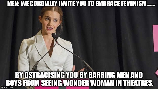 emma watson | MEN: WE CORDIALLY INVITE YOU TO EMBRACE FEMINISM....... BY OSTRACISING YOU BY BARRING MEN AND BOYS FROM SEEING WONDER WOMAN IN THEATRES. | image tagged in emma watson | made w/ Imgflip meme maker