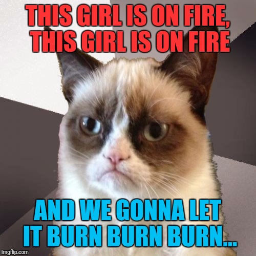Ellie Keys?! Alicia Goulding?! Whatever, Grumpy Cat doesn't care about the name. Or them. Or the girl. | THIS GIRL IS ON FIRE, THIS GIRL IS ON FIRE; AND WE GONNA LET IT BURN BURN BURN... | image tagged in musically malicious grumpy cat,grumpy cat | made w/ Imgflip meme maker
