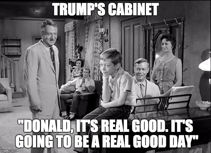 Appeasing the Donald | TRUMP'S CABINET; "DONALD, IT'S REAL GOOD. IT'S GOING TO BE A REAL GOOD DAY" | image tagged in trump's cabinet | made w/ Imgflip meme maker