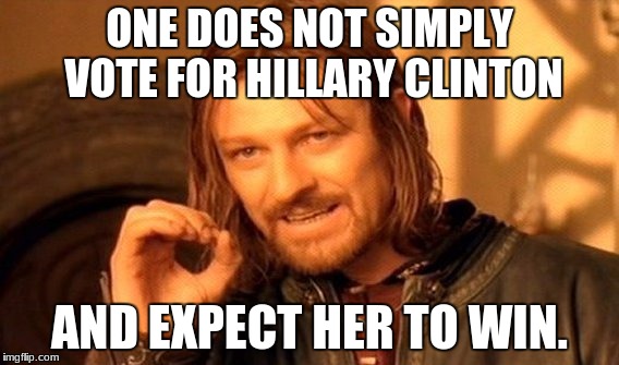 One Does Not Simply | ONE DOES NOT SIMPLY VOTE FOR HILLARY CLINTON; AND EXPECT HER TO WIN. | image tagged in memes,one does not simply | made w/ Imgflip meme maker