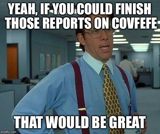 That Would Be Great | YEAH, IF YOU COULD FINISH THOSE REPORTS ON COVFEFE; THAT WOULD BE GREAT | image tagged in memes,that would be great | made w/ Imgflip meme maker