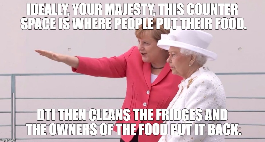 Angela Merkel | IDEALLY, YOUR MAJESTY, THIS COUNTER SPACE IS WHERE PEOPLE PUT THEIR FOOD. DTI THEN CLEANS THE FRIDGES AND THE OWNERS OF THE FOOD PUT IT BACK. | image tagged in angela merkel | made w/ Imgflip meme maker