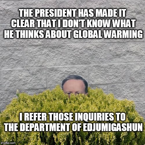 it does seem a little warm here in the bushes | THE PRESIDENT HAS MADE IT CLEAR THAT I DON'T KNOW WHAT HE THINKS ABOUT GLOBAL WARMING; I REFER THOSE INQUIRIES TO THE DEPARTMENT OF EDJUMIGASHUN | image tagged in spicer bushes | made w/ Imgflip meme maker