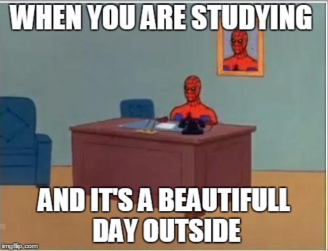 Spiderman Computer Desk Meme | WHEN YOU ARE STUDYING; AND IT'S A BEAUTIFULL DAY OUTSIDE | image tagged in memes,spiderman computer desk,spiderman | made w/ Imgflip meme maker