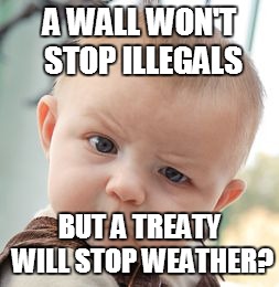 Skeptical Baby Meme | A WALL WON'T STOP ILLEGALS; BUT A TREATY WILL STOP WEATHER? | image tagged in memes,skeptical baby | made w/ Imgflip meme maker