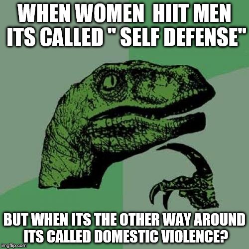 Philosoraptor | WHEN WOMEN  HIIT MEN ITS CALLED " SELF DEFENSE"; BUT WHEN ITS THE OTHER WAY AROUND ITS CALLED DOMESTIC VIOLENCE? | image tagged in memes,philosoraptor | made w/ Imgflip meme maker