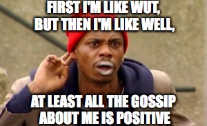 Gossip Junkie | FIRST I'M LIKE WUT, BUT THEN I'M LIKE WELL, AT LEAST ALL THE GOSSIP ABOUT ME IS POSITIVE | image tagged in gossip junkie | made w/ Imgflip meme maker