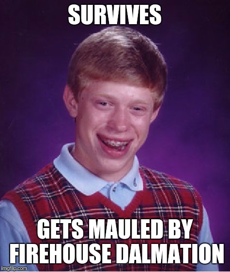 Bad Luck Brian Meme | SURVIVES GETS MAULED BY FIREHOUSE DALMATION | image tagged in memes,bad luck brian | made w/ Imgflip meme maker