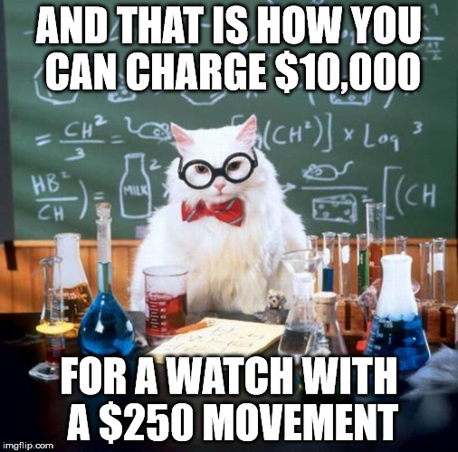 Chemistry Cat Meme | AND THAT IS HOW YOU CAN CHARGE $10,000; FOR A WATCH WITH A $250 MOVEMENT | image tagged in memes,chemistry cat | made w/ Imgflip meme maker