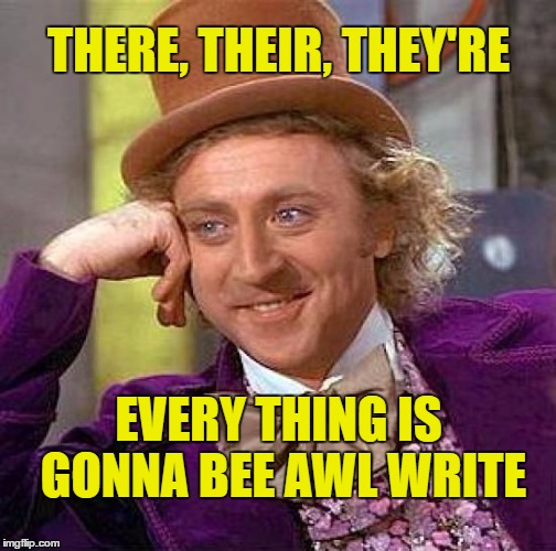 Creepy Condescending Wonka | THERE, THEIR, THEY'RE; EVERY THING IS GONNA BEE AWL WRITE | image tagged in memes,creepy condescending wonka | made w/ Imgflip meme maker
