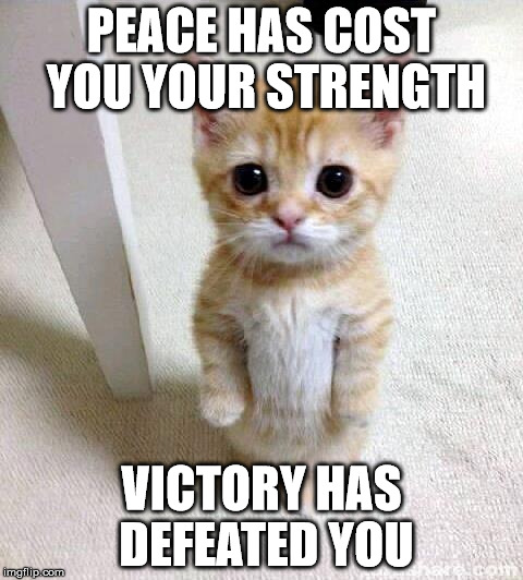 Cute Cat Meme | PEACE HAS COST YOU YOUR STRENGTH; VICTORY HAS DEFEATED YOU | image tagged in memes,cute cat | made w/ Imgflip meme maker
