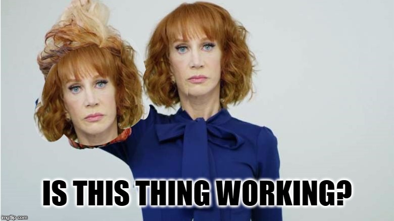 Kathy no talent Griffin | IS THIS THING WORKING? | image tagged in kathy no talent griffin,is this thing working,headbang,headbanging,headless horseman,deer in headlights | made w/ Imgflip meme maker