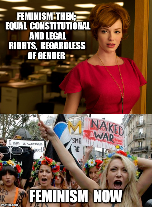 FEMINISM | FEMINISM  THEN;  EQUAL  CONSTITUTIONAL  AND LEGAL RIGHTS,  REGARDLESS OF GENDER; FEMINISM  NOW | image tagged in hypocritical feminist | made w/ Imgflip meme maker
