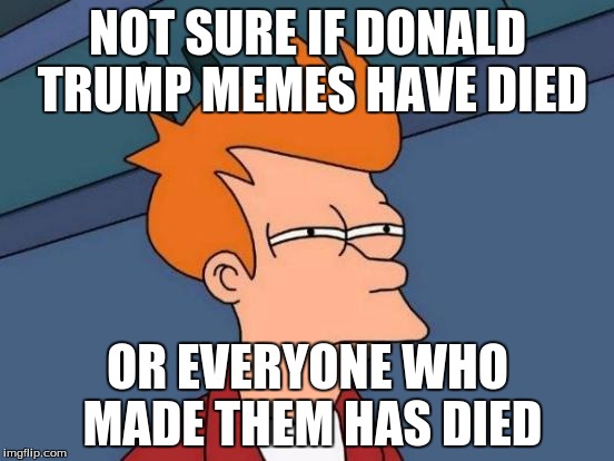 Futurama Fry | NOT SURE IF DONALD TRUMP MEMES HAVE DIED; OR EVERYONE WHO MADE THEM HAS DIED | image tagged in memes,futurama fry | made w/ Imgflip meme maker