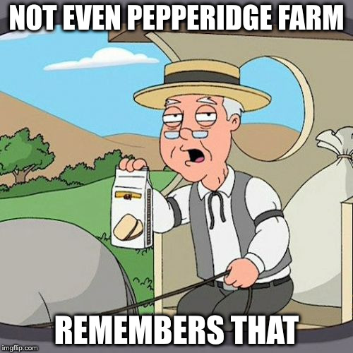 Pepperidge Farm Remembers | NOT EVEN PEPPERIDGE FARM; REMEMBERS THAT | image tagged in memes,pepperidge farm remembers | made w/ Imgflip meme maker