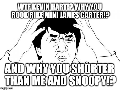 WTF Kevin Hart Why You Rook Rike Mini James Carter And Why You Shorter Than Me And Snoopy | WTF KEVIN HART!? WHY YOU ROOK RIKE MINI JAMES CARTER!? AND WHY YOU SHORTER THAN ME AND SNOOPY!? | image tagged in memes,jackie chan wtf,kevin hart,chris tucker,snoopy,rush hour | made w/ Imgflip meme maker