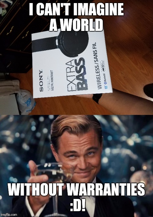 Remind me to never listen to Ear rape music. Broke yesterday, got a new one thanks to the warranty :D! | I CAN'T IMAGINE A WORLD; WITHOUT WARRANTIES :D! | image tagged in memes,leonardo dicaprio cheers,ear,rape | made w/ Imgflip meme maker