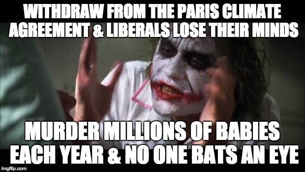 Liberals losing their minds |  WITHDRAW FROM THE PARIS CLIMATE AGREEMENT & LIBERALS LOSE THEIR MINDS; MURDER MILLIONS OF BABIES EACH YEAR & NO ONE BATS AN EYE | image tagged in and everybody loses their minds,paris climate deal,global warming,carbon footprint,ecology,abortion is murder | made w/ Imgflip meme maker
