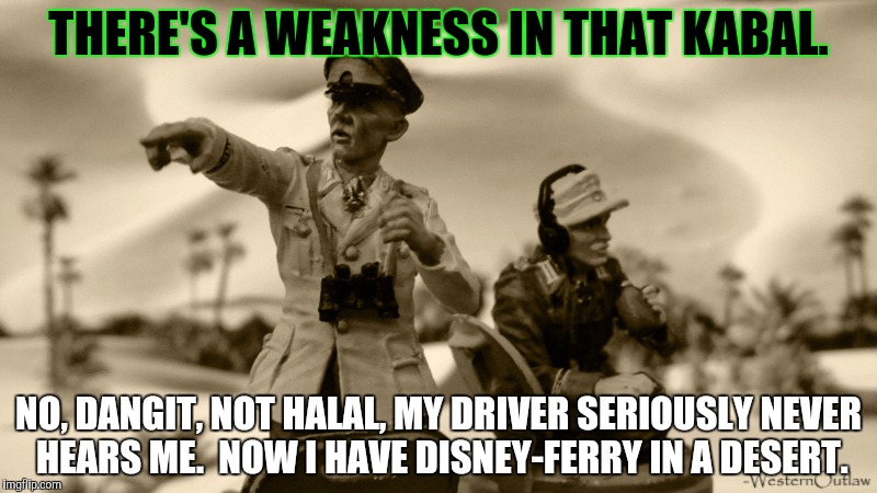 THERE'S A WEAKNESS IN THAT KABAL. NO, DANGIT, NOT HALAL, MY DRIVER SERIOUSLY NEVER HEARS ME.  NOW I HAVE DISNEY-FERRY IN A DESERT. | made w/ Imgflip meme maker