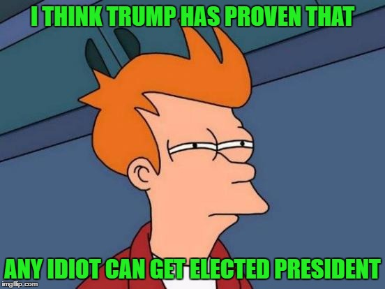 Futurama Fry Meme | I THINK TRUMP HAS PROVEN THAT ANY IDIOT CAN GET ELECTED PRESIDENT | image tagged in memes,futurama fry | made w/ Imgflip meme maker