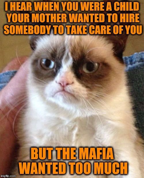 Grumpy Cat | I HEAR WHEN YOU WERE A CHILD YOUR MOTHER WANTED TO HIRE SOMEBODY TO TAKE CARE OF YOU; BUT THE MAFIA WANTED TOO MUCH | image tagged in memes,grumpy cat | made w/ Imgflip meme maker