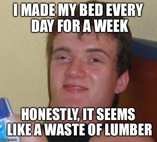 10 Guy | I MADE MY BED EVERY DAY FOR A WEEK; HONESTLY, IT SEEMS LIKE A WASTE OF LUMBER | image tagged in memes,10 guy | made w/ Imgflip meme maker