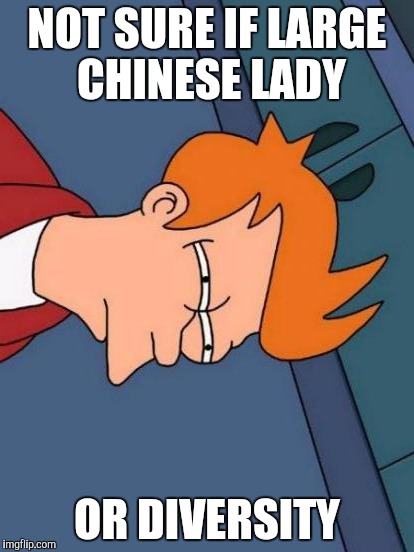 Futurama Fry Meme | NOT SURE IF LARGE CHINESE LADY OR DIVERSITY | image tagged in memes,futurama fry | made w/ Imgflip meme maker