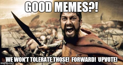 Sparta Leonidas Meme | GOOD MEMES?! WE WON'T TOLERATE THOSE!  FORWARD!  UPVOTE! | image tagged in memes,sparta leonidas | made w/ Imgflip meme maker