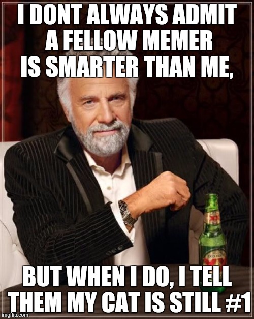 The Most Interesting Man In The World Meme | I DONT ALWAYS ADMIT A FELLOW MEMER IS SMARTER THAN ME, BUT WHEN I DO, I TELL THEM MY CAT IS STILL #1 | image tagged in memes,the most interesting man in the world | made w/ Imgflip meme maker