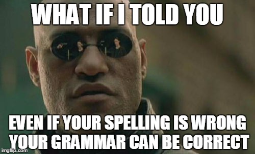 Grammar Nazis and Spelling Nazis are supposed to be two different people | WHAT IF I TOLD YOU; EVEN IF YOUR SPELLING IS WRONG YOUR GRAMMAR CAN BE CORRECT | image tagged in memes,matrix morpheus | made w/ Imgflip meme maker