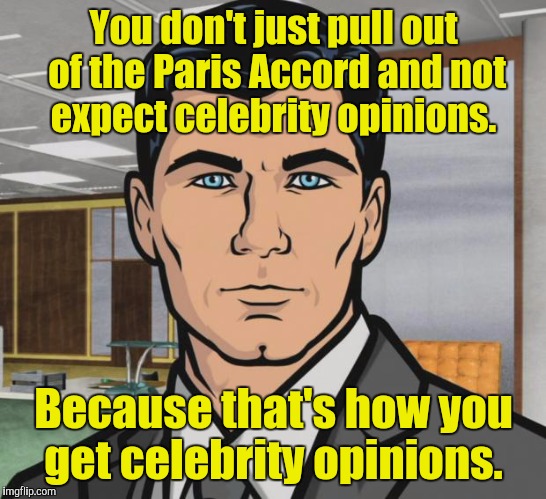 Archer | You don't just pull out of the Paris Accord and not expect celebrity opinions. Because that's how you get celebrity opinions. | image tagged in memes,archer | made w/ Imgflip meme maker