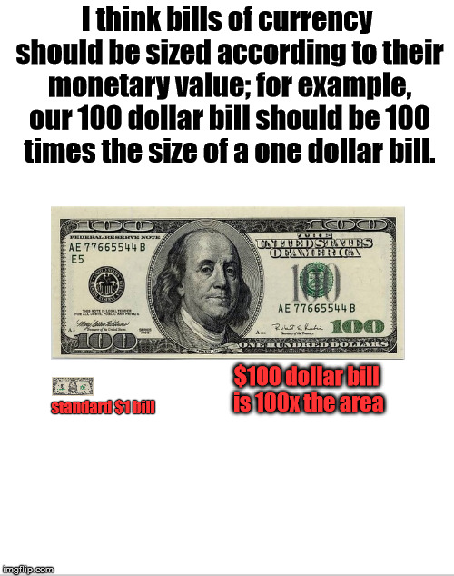 If I were president of the United states, this would be my first order of business.  | I think bills of currency should be sized according to their monetary value; for example, our 100 dollar bill should be 100 times the size of a one dollar bill. $100 dollar bill is 100x the area; standard $1 bill | image tagged in memes,money,currency,life hack | made w/ Imgflip meme maker