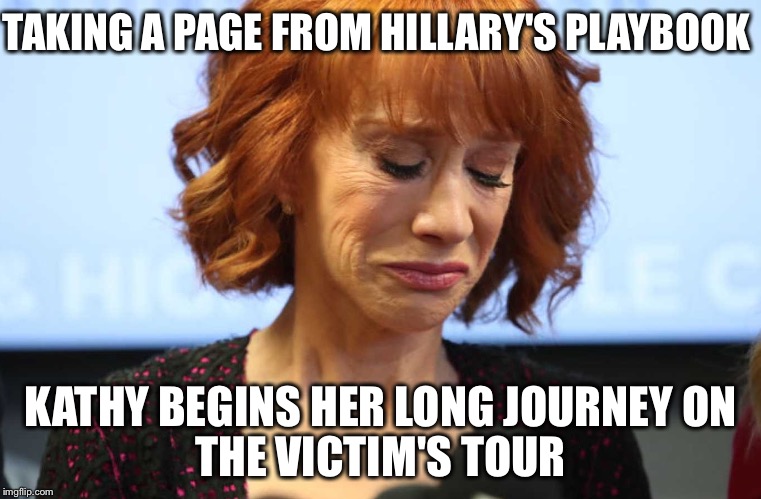 Birds of a feather... | TAKING A PAGE FROM HILLARY'S PLAYBOOK; KATHY BEGINS HER LONG JOURNEY ON; THE VICTIM'S TOUR | image tagged in kathy griffin crying,hillary | made w/ Imgflip meme maker