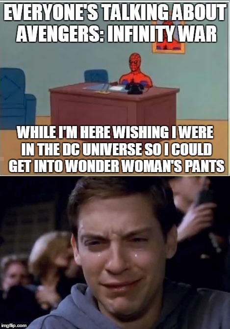 EVERYONE'S TALKING ABOUT AVENGERS: INFINITY WAR; WHILE I'M HERE WISHING I WERE IN THE DC UNIVERSE SO I COULD GET INTO WONDER WOMAN'S PANTS | made w/ Imgflip meme maker