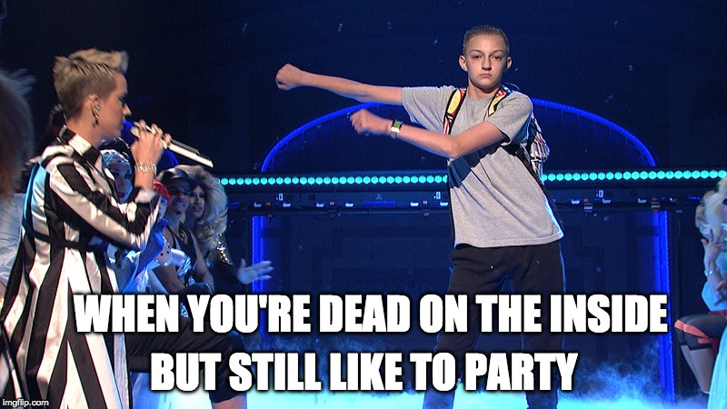 This was just weird...  | BUT STILL LIKE TO PARTY; WHEN YOU'RE DEAD ON THE INSIDE | image tagged in backpack kid katy perry,backpack kid,katty perry,dead,dead on the inside,beetlejuice | made w/ Imgflip meme maker