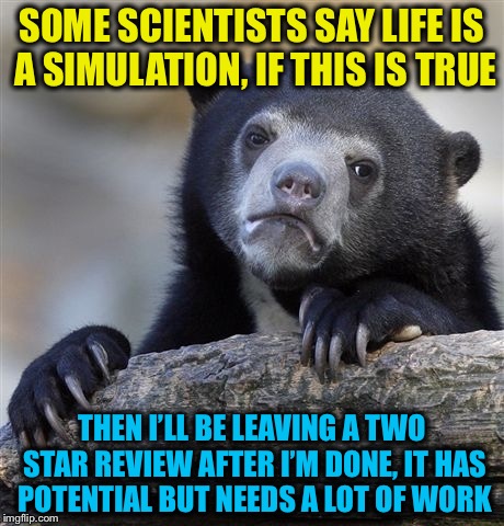 Confession Bear Meme | SOME SCIENTISTS SAY LIFE IS A SIMULATION, IF THIS IS TRUE; THEN I’LL BE LEAVING A TWO STAR REVIEW AFTER I’M DONE, IT HAS POTENTIAL BUT NEEDS A LOT OF WORK | image tagged in memes,confession bear,life,two star review,scientist,funny | made w/ Imgflip meme maker