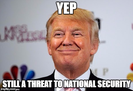 YEP STILL A THREAT TO NATIONAL SECURITY | image tagged in trump,moron,orang-utan | made w/ Imgflip meme maker