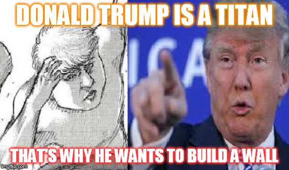 DONALD TRUMP'S SECRET | DONALD TRUMP IS A TITAN; THAT'S WHY HE WANTS TO BUILD A WALL | image tagged in donald trump,donald trump wall,attack on titan,cancer,meme | made w/ Imgflip meme maker