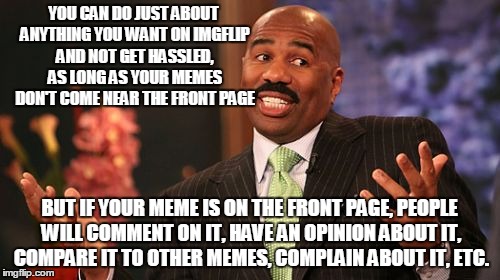 Steve Harvey Meme | YOU CAN DO JUST ABOUT ANYTHING YOU WANT ON IMGFLIP AND NOT GET HASSLED, AS LONG AS YOUR MEMES DON'T COME NEAR THE FRONT PAGE BUT IF YOUR MEM | image tagged in memes,steve harvey | made w/ Imgflip meme maker