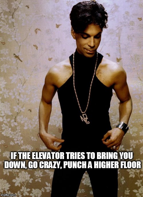 Prince Let's Go Crazy | IF THE ELEVATOR TRIES TO BRING YOU DOWN, GO CRAZY, PUNCH A HIGHER FLOOR | image tagged in prince,let's go crazy,if the elevator tries to bring you down go crazy punch a higher floor | made w/ Imgflip meme maker