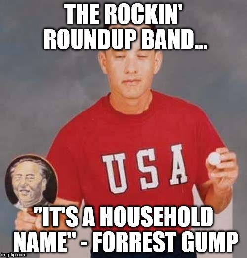 forrest gump ping pong | THE ROCKIN' ROUNDUP BAND... "IT'S A HOUSEHOLD NAME" - FORREST GUMP | image tagged in forrest gump ping pong | made w/ Imgflip meme maker
