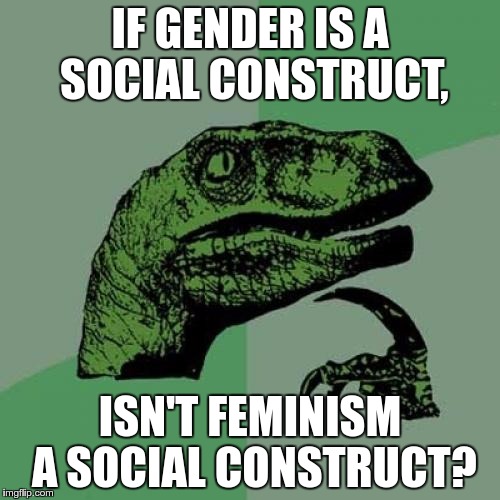 Philosoraptor | IF GENDER IS A SOCIAL CONSTRUCT, ISN'T FEMINISM A SOCIAL CONSTRUCT? | image tagged in memes,philosoraptor | made w/ Imgflip meme maker