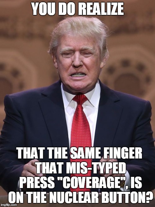 Donald Trump | YOU DO REALIZE; THAT THE SAME FINGER THAT MIS-TYPED PRESS "COVERAGE", IS ON THE NUCLEAR BUTTON? | image tagged in donald trump | made w/ Imgflip meme maker