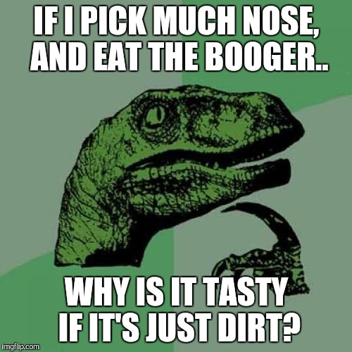 The mysteries of the booger | IF I PICK MUCH NOSE, AND EAT THE BOOGER.. WHY IS IT TASTY IF IT'S JUST DIRT? | image tagged in memes,philosoraptor | made w/ Imgflip meme maker