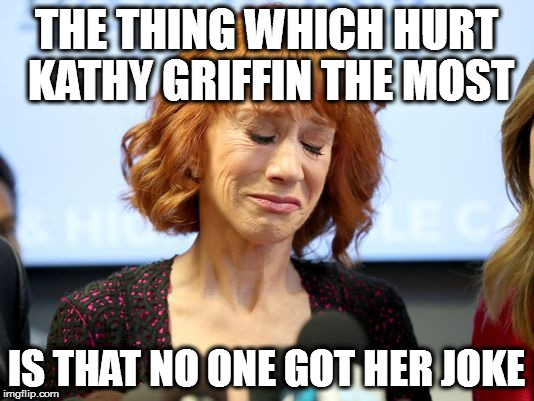 THE THING WHICH HURT KATHY GRIFFIN THE MOST; IS THAT NO ONE GOT HER JOKE | image tagged in donald trump kathy griffin isis beheadding head | made w/ Imgflip meme maker