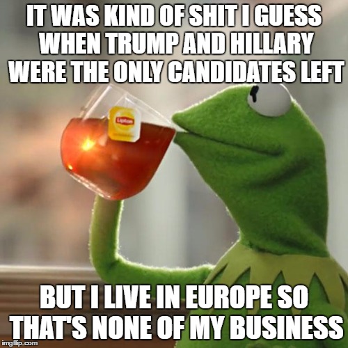 But That's None Of My Business Meme | IT WAS KIND OF SHIT I GUESS WHEN TRUMP AND HILLARY WERE THE ONLY CANDIDATES LEFT; BUT I LIVE IN EUROPE SO THAT'S NONE OF MY BUSINESS | image tagged in memes,but thats none of my business,kermit the frog | made w/ Imgflip meme maker