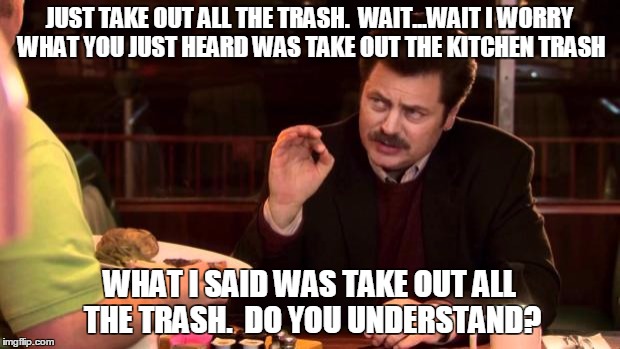 Ron Swanson | JUST TAKE OUT ALL THE TRASH.  WAIT...WAIT I WORRY WHAT YOU JUST HEARD WAS TAKE OUT THE KITCHEN TRASH; WHAT I SAID WAS TAKE OUT ALL THE TRASH.  DO YOU UNDERSTAND? | image tagged in ron swanson | made w/ Imgflip meme maker