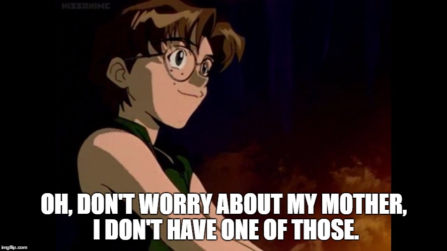 When you're an Anime protagonist | OH, DON'T WORRY ABOUT MY MOTHER, I DON'T HAVE ONE OF THOSE. | image tagged in don't worry,i don't have one of those | made w/ Imgflip meme maker
