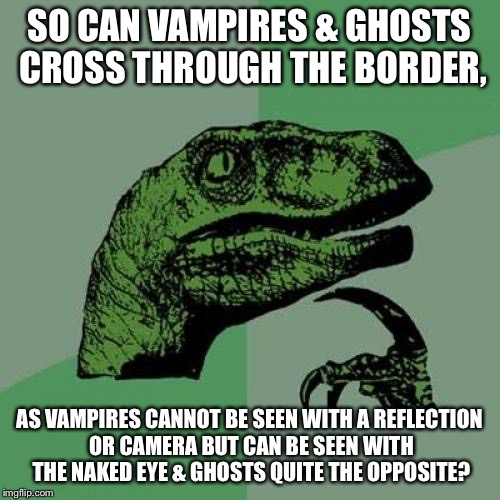 Philosoraptor Meme | SO CAN VAMPIRES & GHOSTS CROSS THROUGH THE BORDER, AS VAMPIRES CANNOT BE SEEN WITH A REFLECTION OR CAMERA BUT CAN BE SEEN WITH THE NAKED EYE | image tagged in memes,philosoraptor | made w/ Imgflip meme maker